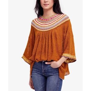 Free People Vacation Sweater Womens Small Embroidered Open Knit Top Golden BOHO